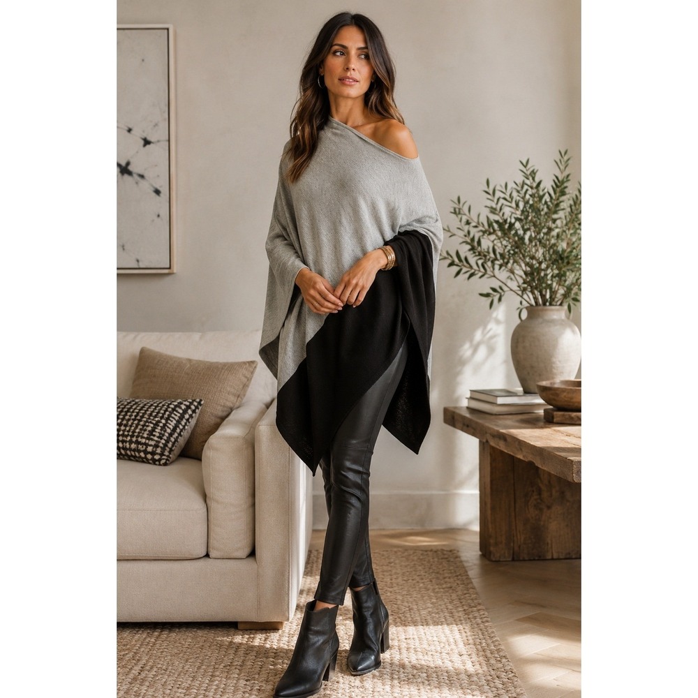 Michael Stars Poncho Womens One Size Grey‎ Black Colorblock Got An Angle
